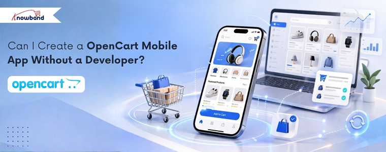 OpenCart mobile app builder interface showing real-time sync and app customization features